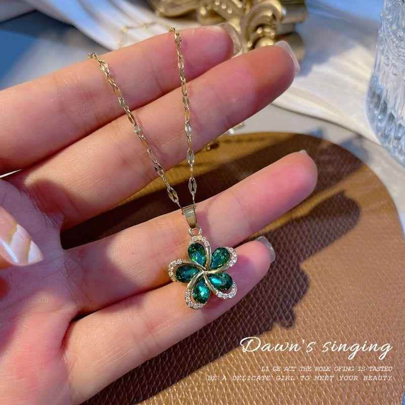 Stainless Steel Green Zircon Flowers Pendant Necklace Charm Jewelry NCJIO30 - Touchy Style