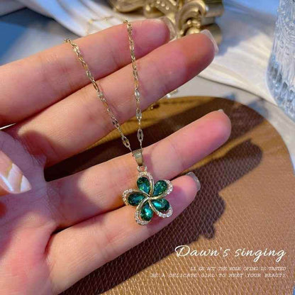 Stainless Steel Green Zircon Flowers Pendant Necklace Charm Jewelry NCJIO30 - Touchy Style