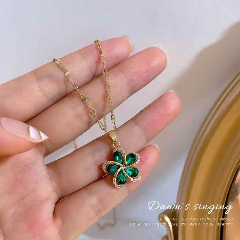 Stainless Steel Green Zircon Flowers Pendant Necklace Charm Jewelry NCJIO30 - Touchy Style