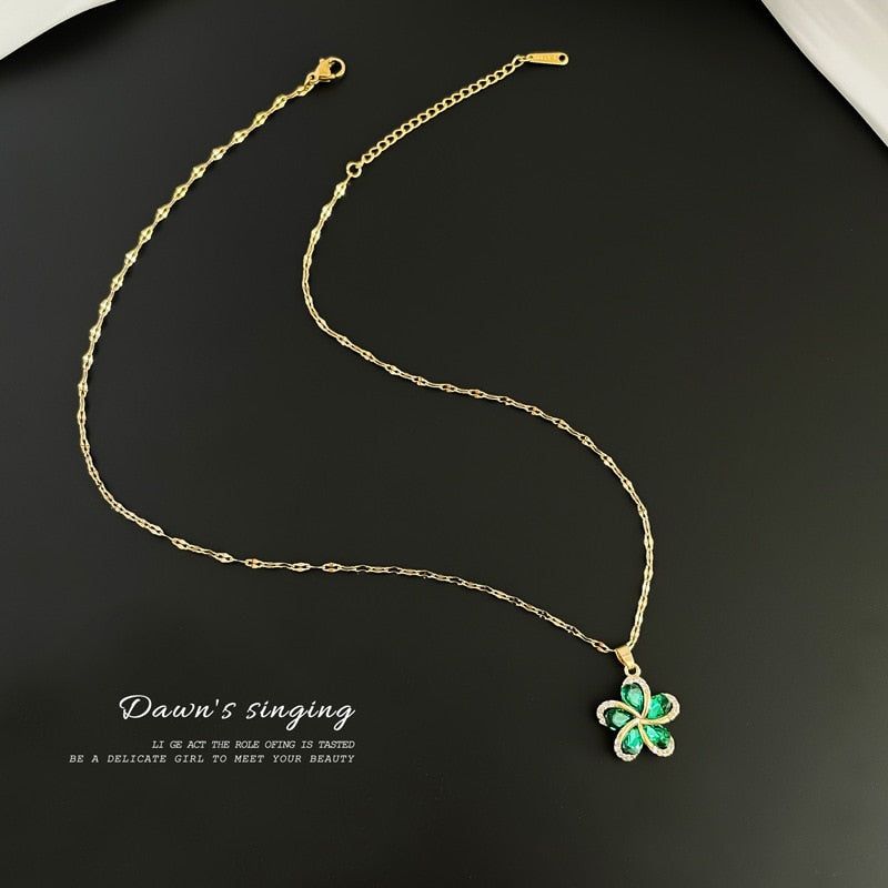 Stainless Steel Green Zircon Flowers Pendant Necklace Charm Jewelry NCJIO30 - Touchy Style .
