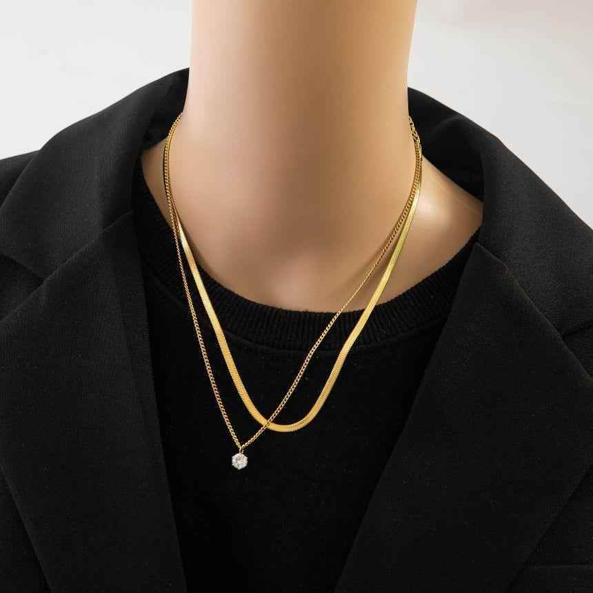 Stainless Steel Multilayer Necklaces Charm Jewelry KKS0312 Zircon Charms Thick Chain - Touchy Style
