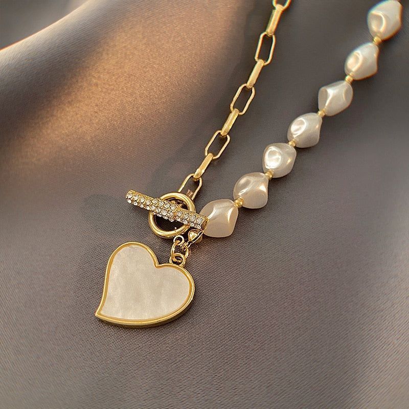 Stainless Steel Necklaces Charm Jewelry NCJSO40 Imitation Baroque Pearl Heart - Touchy Style .
