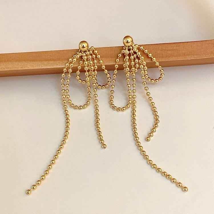 Temperament Gold Colour Long Beaded Drop Earrings ECJCY38 Korean Accessories - Touchy Style .