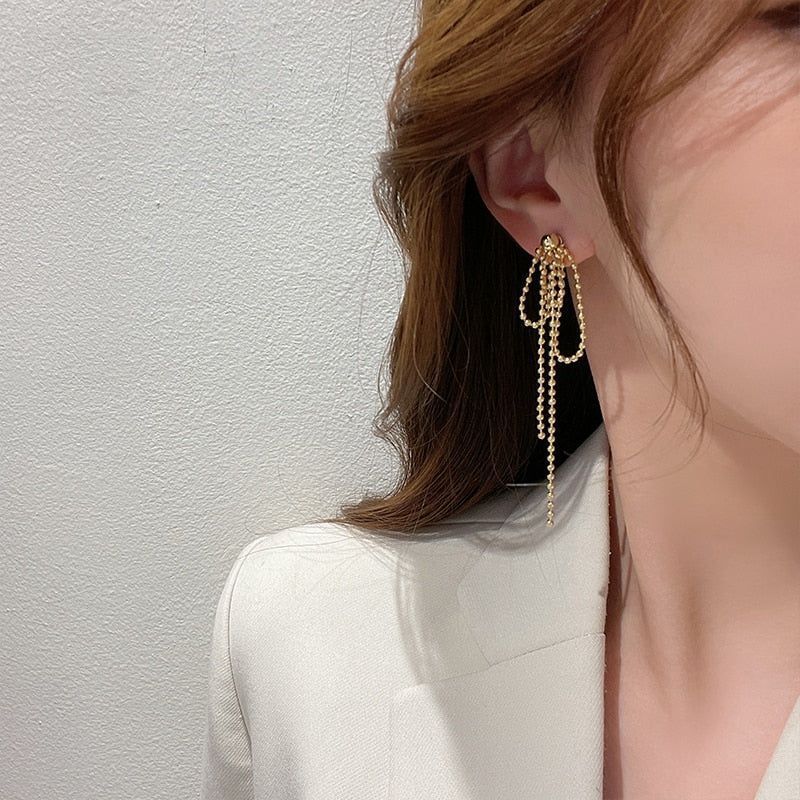 Temperament Gold Colour Long Beaded Drop Earrings ECJCY38 Korean Accessories - Touchy Style .