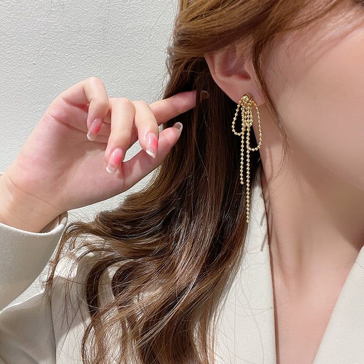 Temperament Gold Colour Long Beaded Drop Earrings ECJCY38 Korean Accessories - Touchy Style .