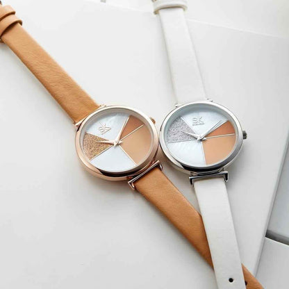 Watch Women Shell Dial leather Ladies Watch Japanese Quartz Movement Ultra Slim Buckle Strap - Touchy Style .