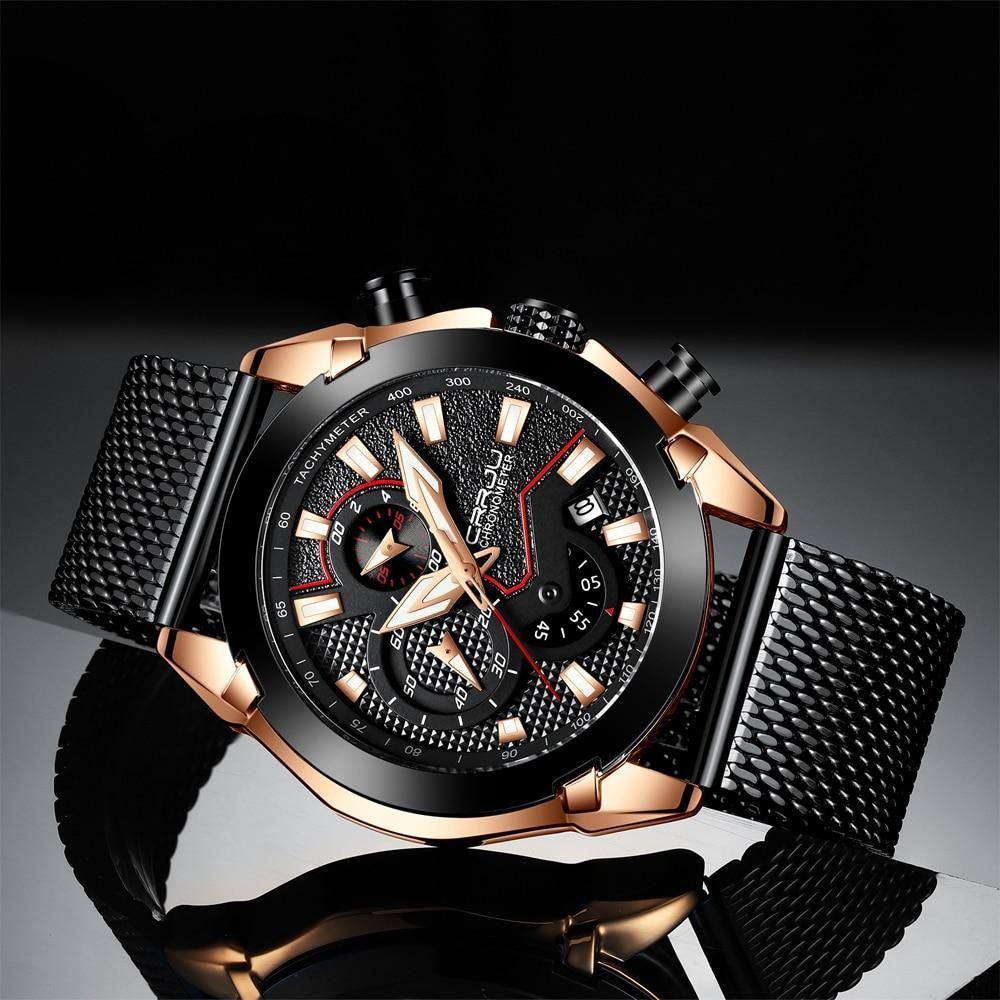 Watches Men Crrju Luxury Army Military Watch High-Quality 316L Stainless Steel Chronograph Clock 2020 Black Rose