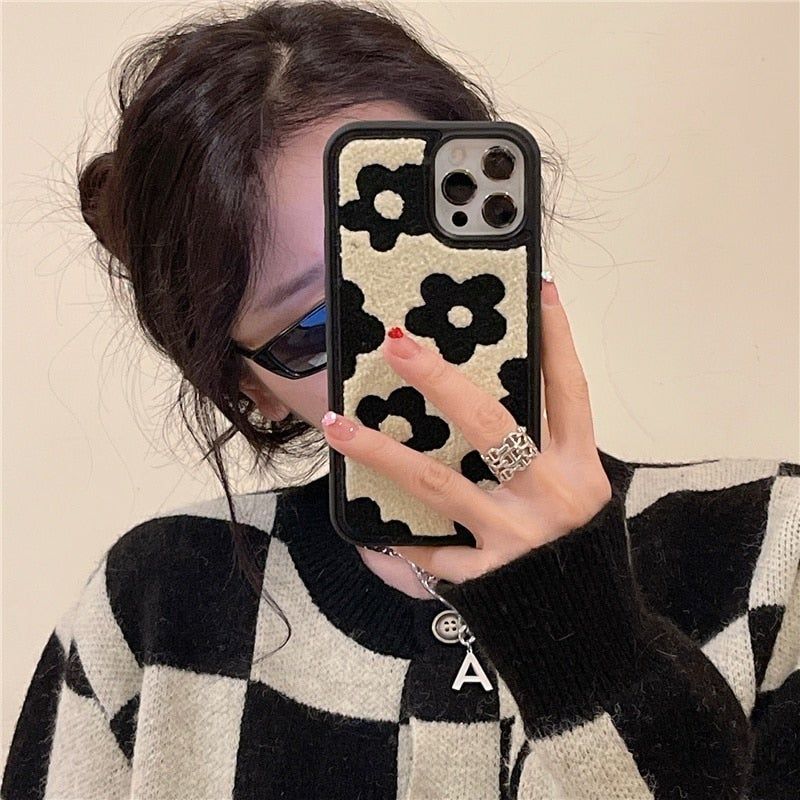 Winter Plush Cute Phone Cases for iPhone 13 Pro 12 11 7 8 X XR XS Max Black Flowers - Touchy Style .
