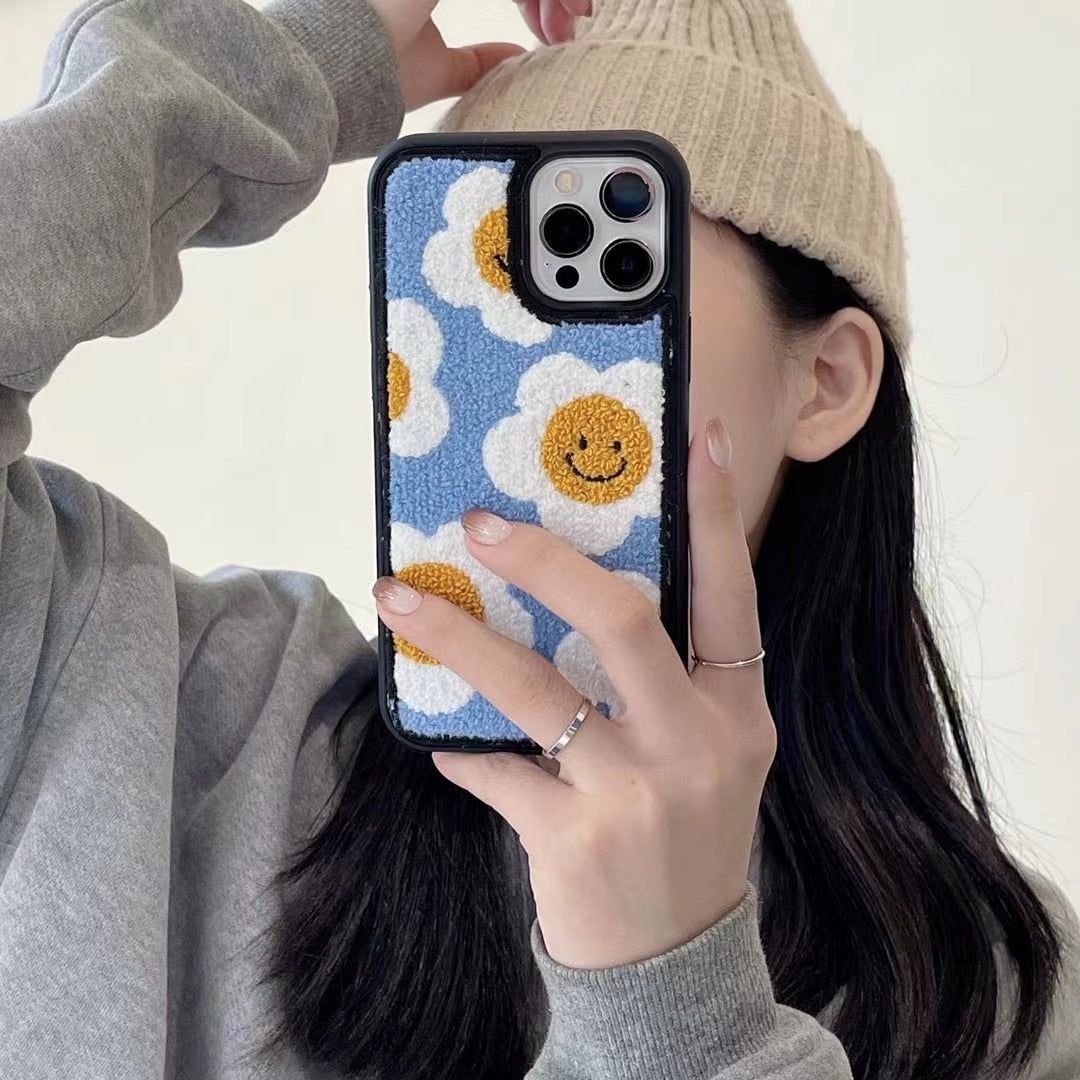 Winter Plush Cute Phone Cases for iPhone 13 Pro 12 11 7 8 X XR XS Max Blue Sun Flower - Touchy Style .