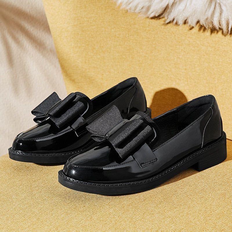 Women's Casual Shoes Butterfly-Knot Leather Thick Shiny Oxfords Loafers Without Fur / 6