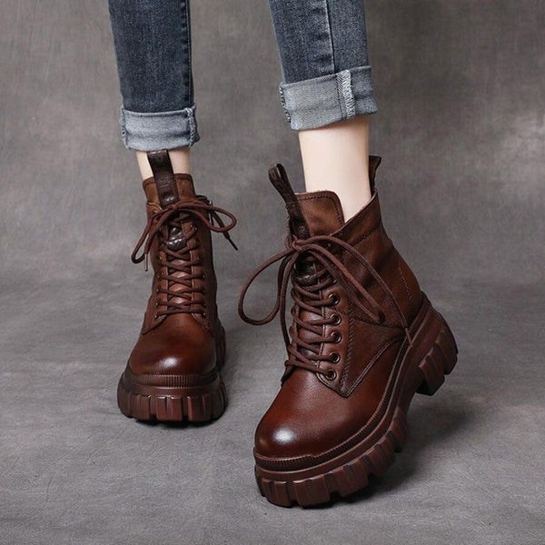 Women's Fashionable Brown Lace-up Wedge Combat Boots, Outdoor Wearing |  SHEIN USA