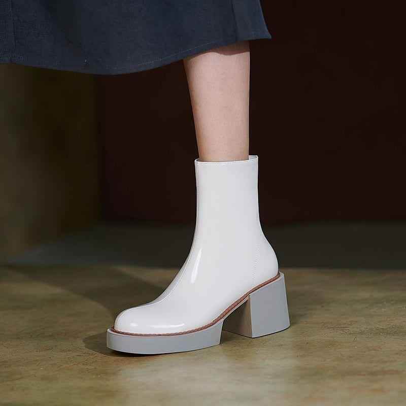 Women's White Casual Shoes GCSJHS52 Leather Platform Chunky Boots - Touchy Style .