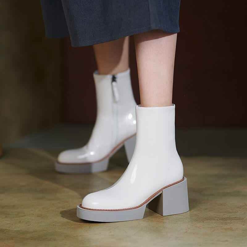 Women's White Casual Shoes GCSJHS52 Leather Platform Chunky Boots - Touchy Style .