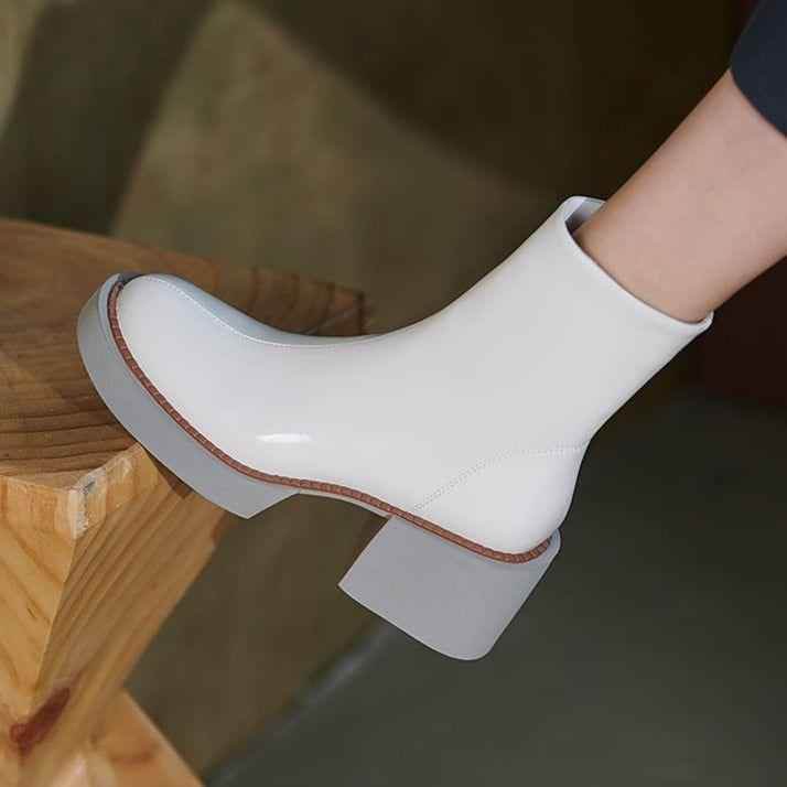 Women's White Casual Shoes GCSJHS52 Leather Platform Chunky Boots - Touchy Style .