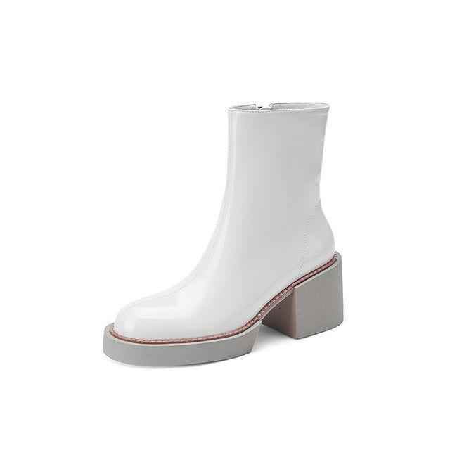 Women's White Casual Shoes GCSJHS52 Leather Platform Chunky Boots - Touchy Style .