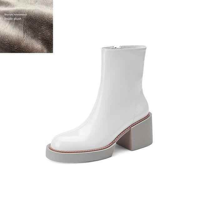 Women's White Casual Shoes GCSJHS52 Leather Platform Chunky Boots - Touchy Style .